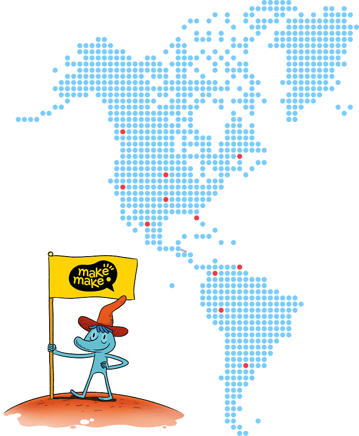 Mapa ilustrado de América que señala Washington, California, Colorado, New York, Texas, Florida, México, Colombia, Perú, Venezuela y Argentina.