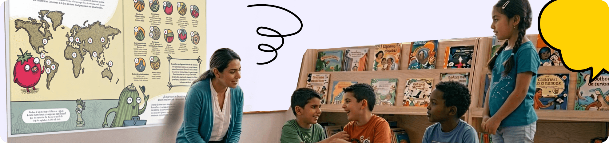 Estudiantes y docente explorando libros en español